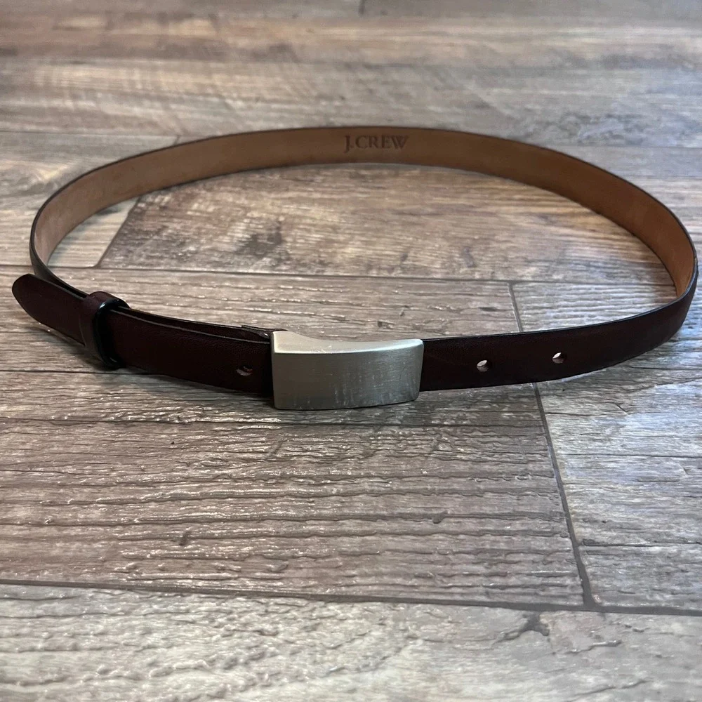J.Crew Women Skinny Leather Belt Sz 28 Dark Brown Burgundy Brushed Silver Buckle
